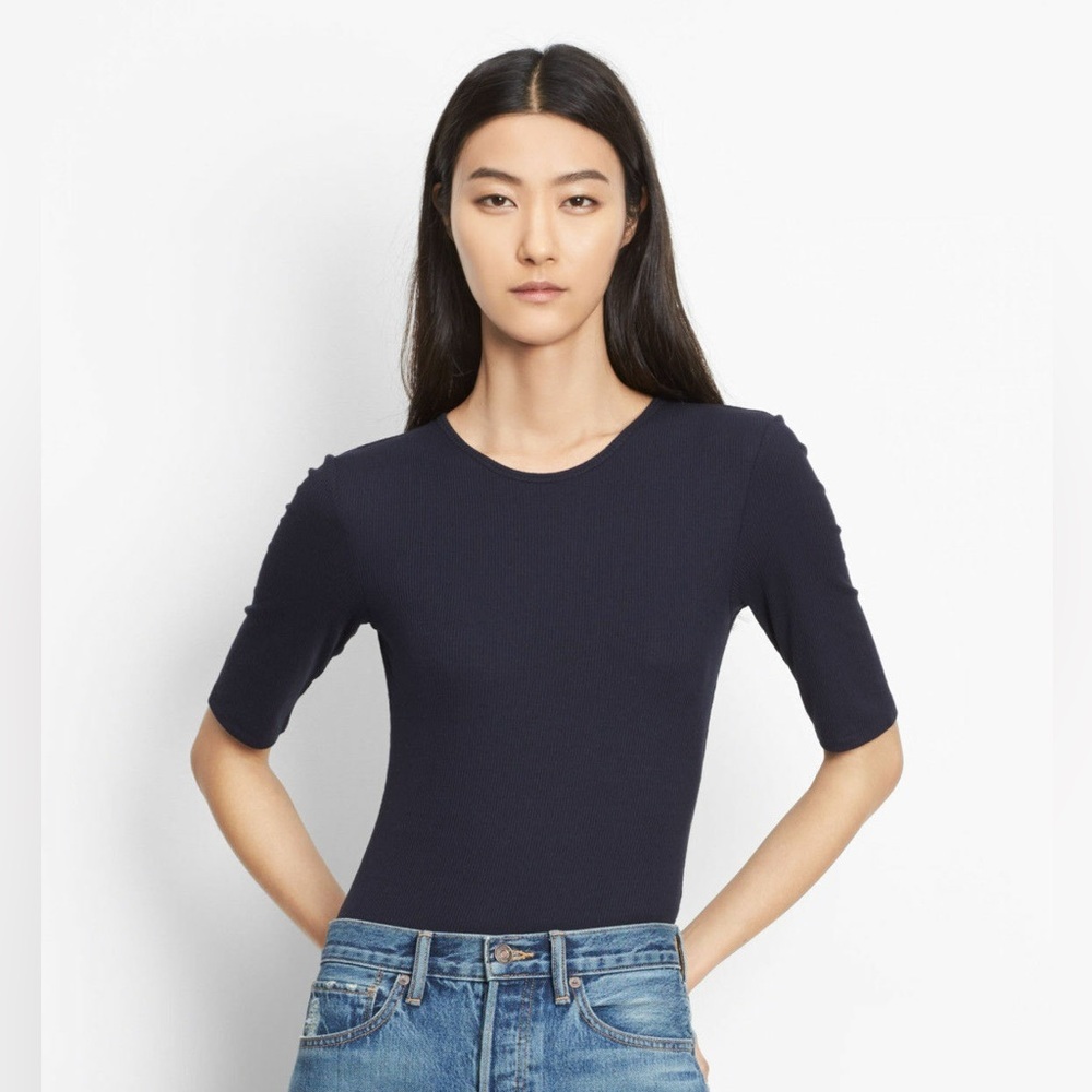 Vince Ribbed Black 3/4 Sleeve Viscose Blend Soft Casual Shirt Neutral Top Small